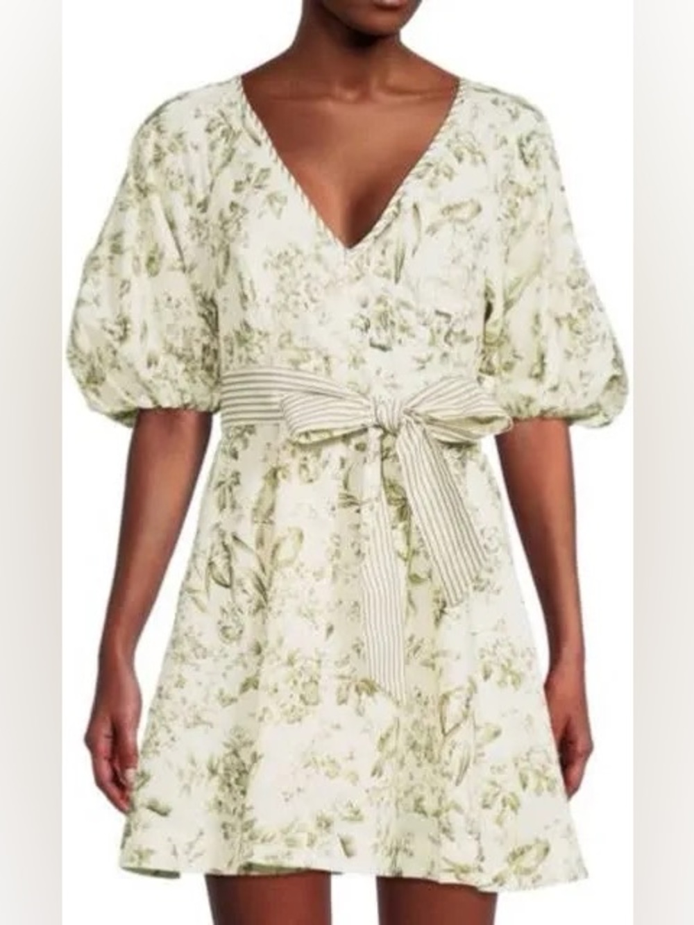 NWT CAARA Mika Floral Puff Sleeve Mini Dress Linen Blend Tie Waist Large - Picture 2 of 7